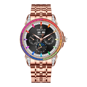Affordable 41mm Rose Gold OBLVLO GCM-MUT - Luxury Rainbow Zirconia Bezel Automatic Watch