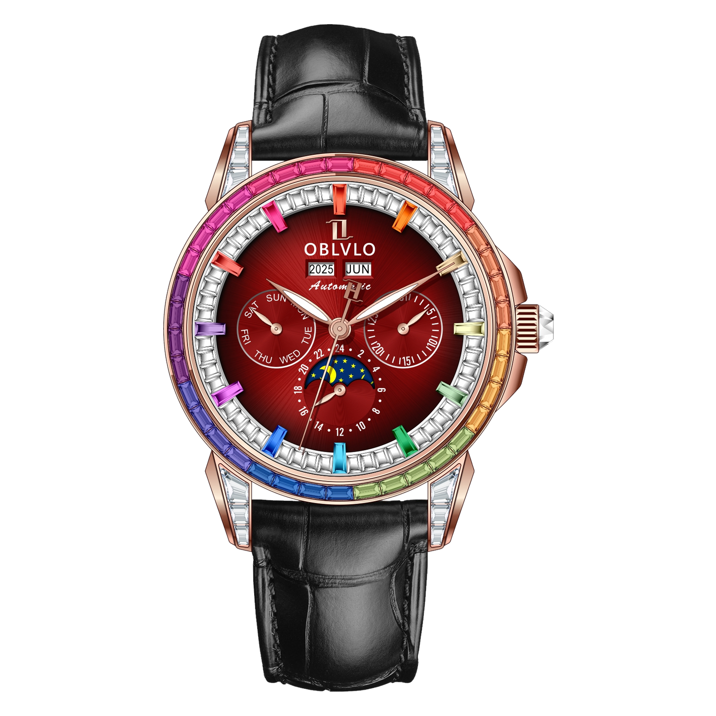 OBLVLO GCM-MUT: Burgundy Red Dial Moonphase of Men 41mm Automatic Mechanical Rose Gold Watch - Rainbow Zirconia Bezel