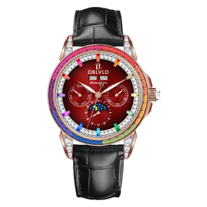 OBLVLO GCM-MUT: Burgundy Red Dial Moonphase of Men 41mm Automatic Mechanical Rose Gold Watch - Rainbow Zirconia Bezel