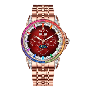 OBLVLO GCM-MUT: Burgundy Red Dial Moonphase of Men 41mm Automatic Mechanical Rose Gold Watch - Rainbow Zirconia Bezel