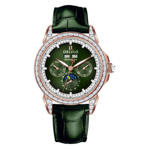 Affordable OBLVLO GCM-MUT Rose Gold Case - White Zirconia Bezel & Grass Green Dial Moon Phase Style Date Casual Watch