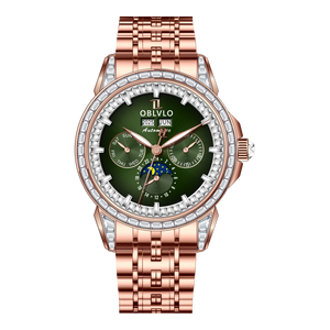 Affordable OBLVLO GCM-MUT Rose Gold Case - White Zirconia Bezel & Grass Green Dial Moon Phase Style Date Casual Watch