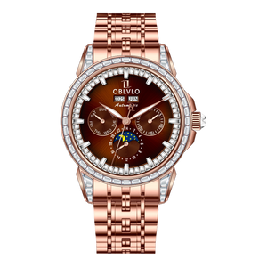 OBLVLO GCM-MUT Rose Gold Case - Affordable White Zirconia Bezel & Brown Dial Moon Phase Style Date Casual Watch for Men's