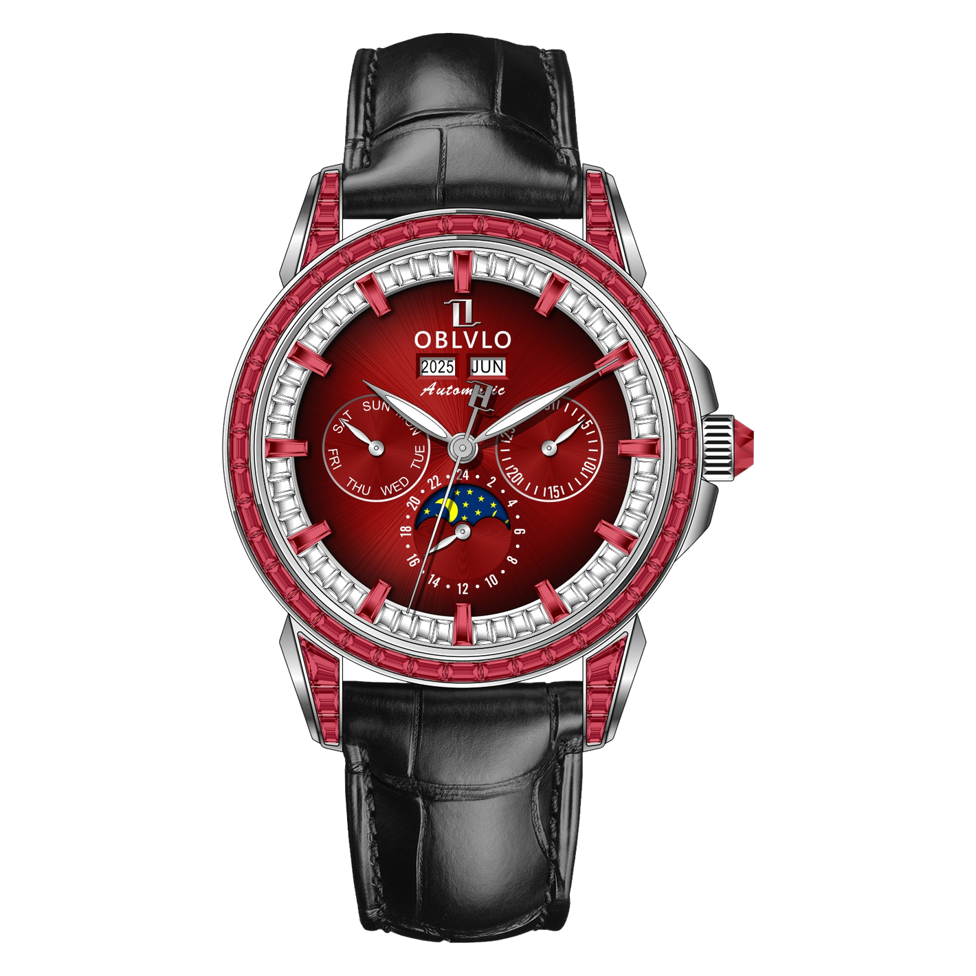 OBLVLO GCM-MUT - Affordable Luxury Burgundy Red Zirconia Bezel & Dial Moon Phase Style Date Casual Watch for Men's