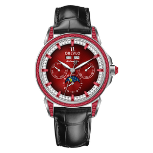 OBLVLO GCM-MUT - Affordable Luxury Burgundy Red Zirconia Bezel & Dial Moon Phase Style Date Casual Watch for Men's