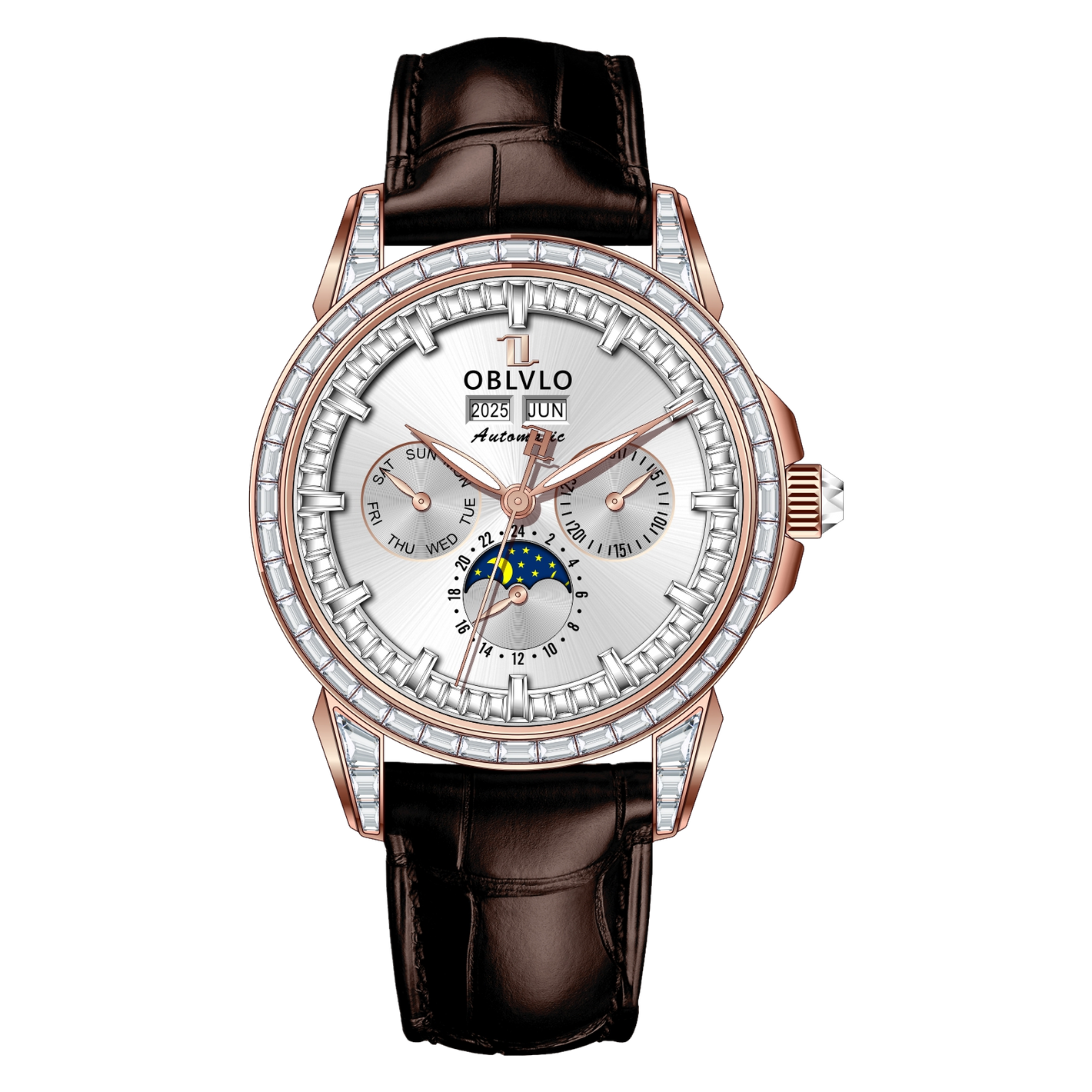 Luxury Rose Gold & Zirconia Bezel Multifunctional Mechanical Moon Phase Style Automatic Watches For Men - OBLVLO GCM-MUT