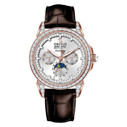 Luxury Rose Gold & Zirconia Bezel Multifunctional Mechanical Moon Phase Style Automatic Watches For Men - OBLVLO GCM-MUT