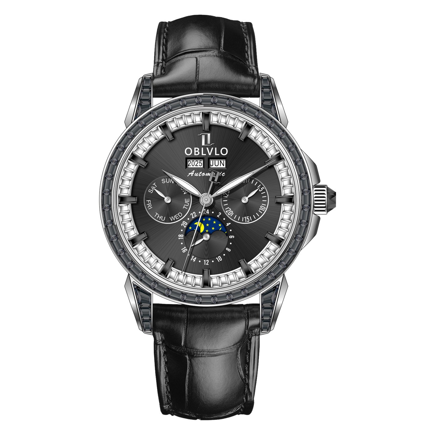 OBLVLO GCM-MUT - Men's Luxury Black Zirconia Bezel & Dial Multifunction Moon Phase Style Automatic Mechanical Watch