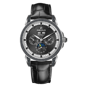 OBLVLO GCM-MUT - Men's Luxury Black Zirconia Bezel & Dial Multifunction Moon Phase Style Automatic Mechanical Watch
