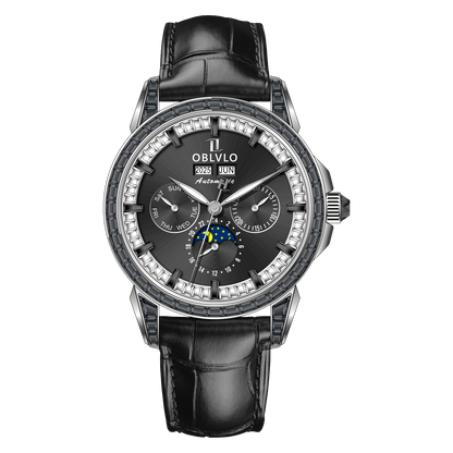 OBLVLO GCM-MUT - Men's Luxury Black Zirconia Bezel & Dial Multifunction Moon Phase Style Automatic Mechanical Watch