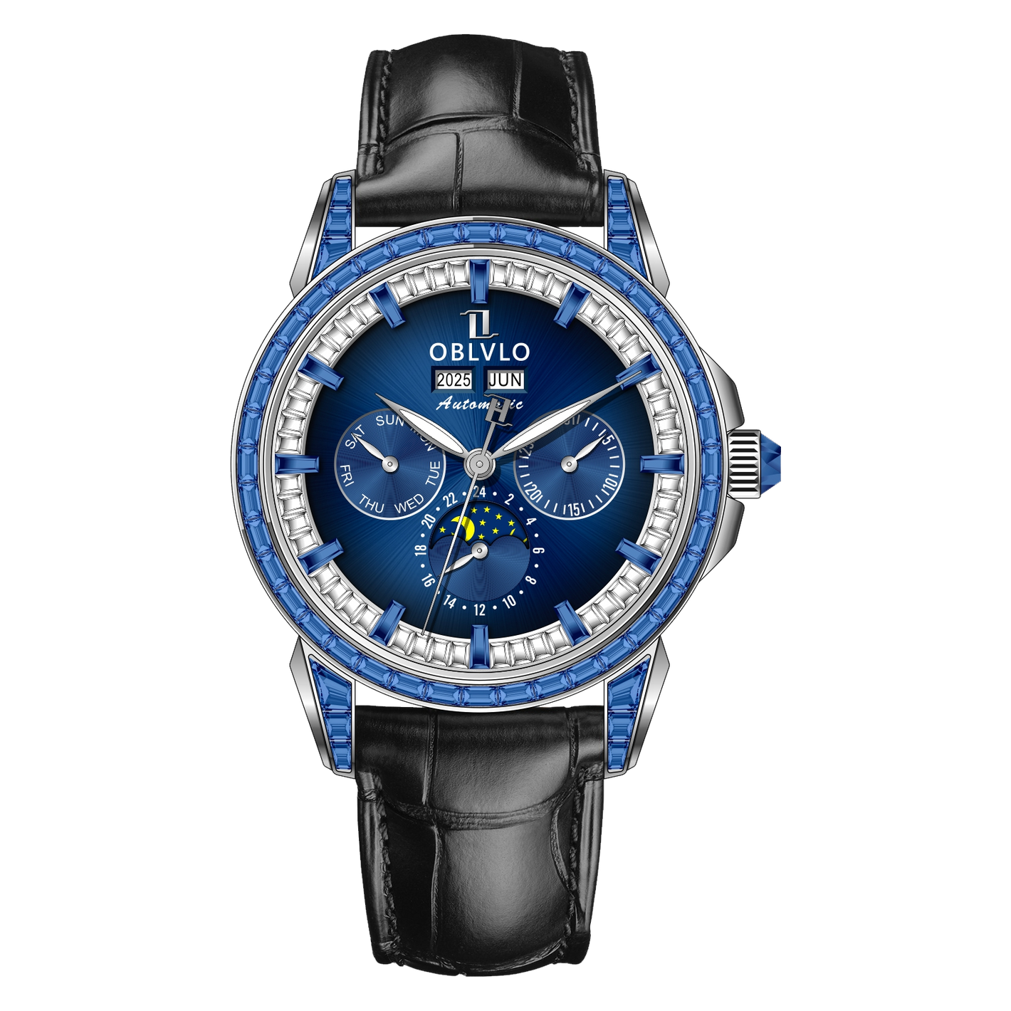 Best Affordable Luxury Blue Zirconia Bezel & Dial Men Moon Phase Style Dress Watch - OBLVLO GCM-MUT