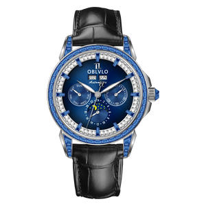 Best Affordable Luxury Blue Zirconia Bezel & Dial Men Moon Phase Style Dress Watch - OBLVLO GCM-MUT