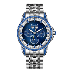 Best Affordable Luxury Blue Zirconia Bezel & Dial Men Moon Phase Style Dress Watch - OBLVLO GCM-MUT