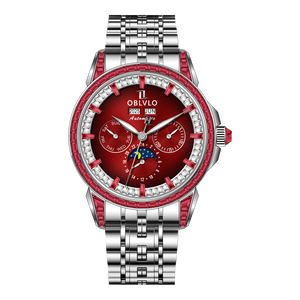 OBLVLO GCM-MUT - Affordable Luxury Burgundy Red Zirconia Bezel & Dial Moon Phase Style Date Casual Watch for Men's