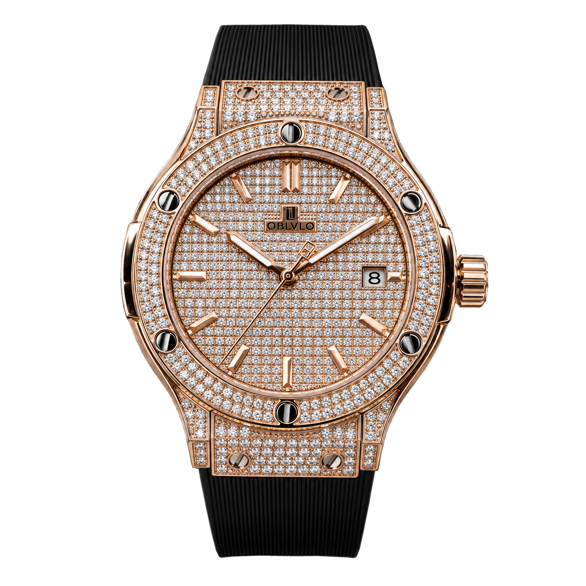 Rose Gold OBLVLO HM-AD Automatic Watch for Men – Full Diamond Case & Dial Luxury Mechanical Wristwatch with Date Window & Black Rubber Strap