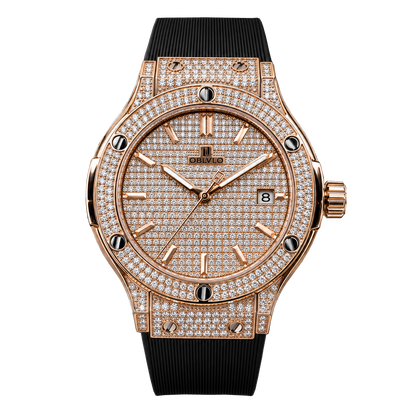 Rose Gold OBLVLO HM-AD Automatic Watch for Men – Full Diamond Case & Dial Luxury Mechanical Wristwatch with Date Window & Black Rubber Strap