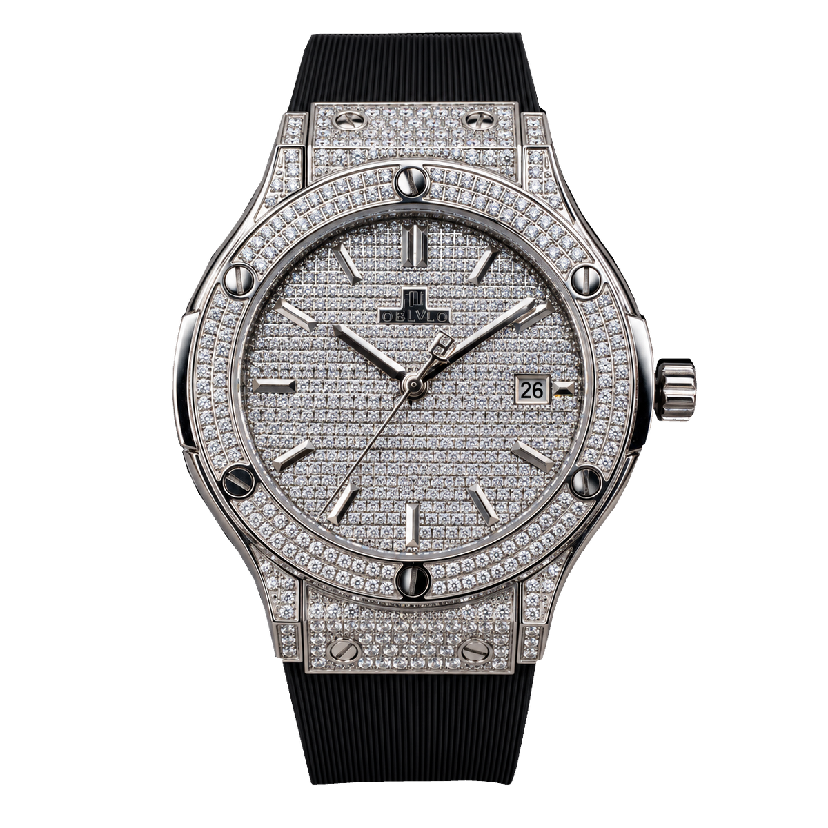 OBLVLO HM-AD Men's All-White Iced Out Automatic Watch – Full Diamond Pavé Silver Case & Dial Luxury Mechanical Wristwatch with Date Window & Black Rubber Strap