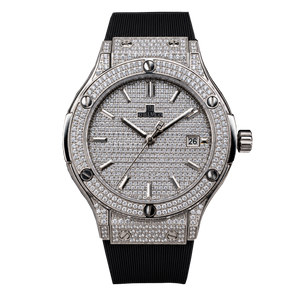 OBLVLO HM-AD Men's All-White Iced Out Automatic Watch – Full Diamond Pavé Silver Case & Dial Luxury Mechanical Wristwatch with Date Window & Black Rubber Strap