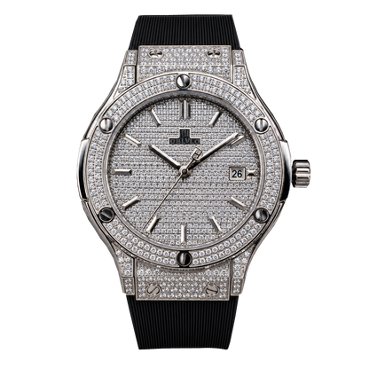 OBLVLO HM-AD Men's All-White Iced Out Automatic Watch – Full Diamond Pavé Silver Case & Dial Luxury Mechanical Wristwatch with Date Window & Black Rubber Strap