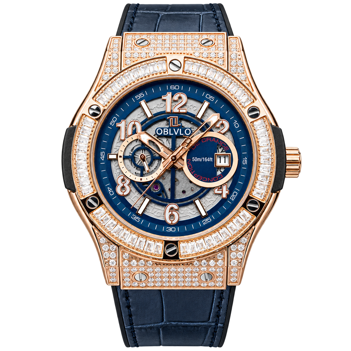 Rose Gold OBLVLO HM-GT Analoge Miyato Automatische Wasserdichte Uhren für Herren mit Kautschukarmband Leuchtendes Zifferblatt