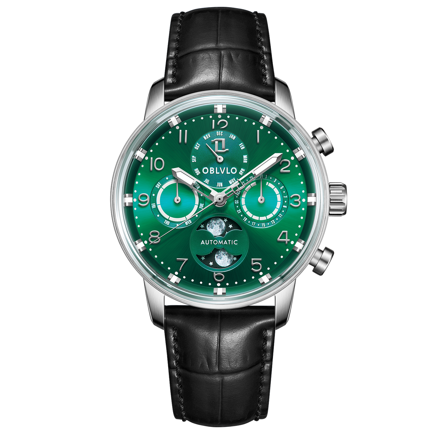 OBLVLO IM MUT-MP Best Mens Luxury Green Dial & Moon Phase Automatic Dress Watch