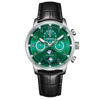 OBLVLO IM MUT-MP Best Mens Luxury Green Dial & Moon Phase Automatic Dress Watch