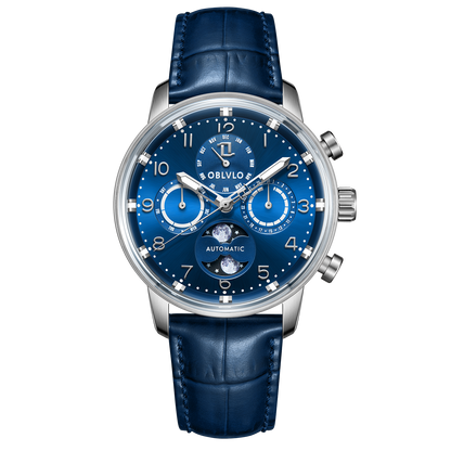 Luxury OBLVLO IM MUT-MP Men's Vintage Blue Dial & Moon Phase Automatic Watch