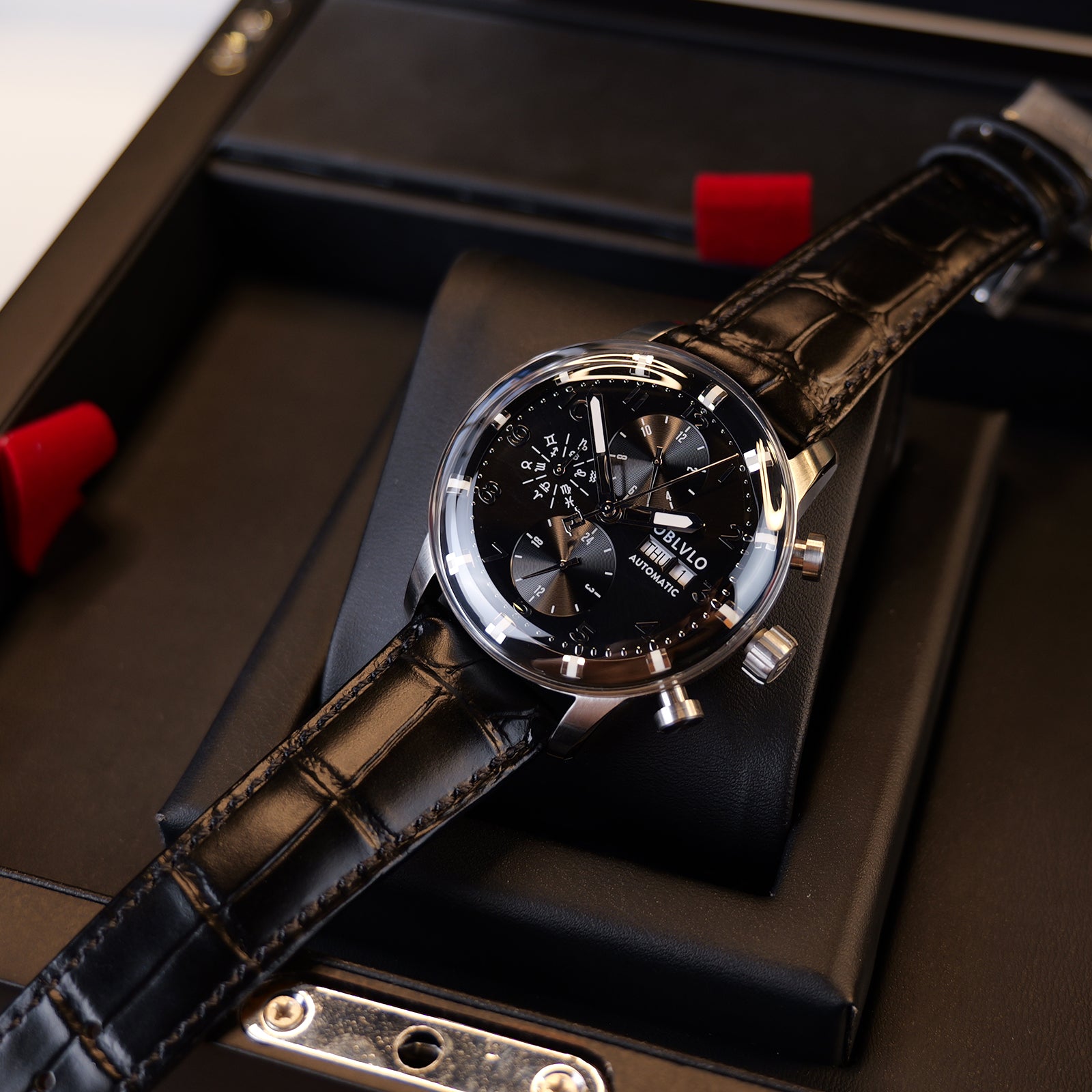 OBLVLO moda uomo tre ruote orologio automatico creativo quadrante terra blu luminoso cinturino in pelle orologi per uomini d'affari JM-EARTH  1511