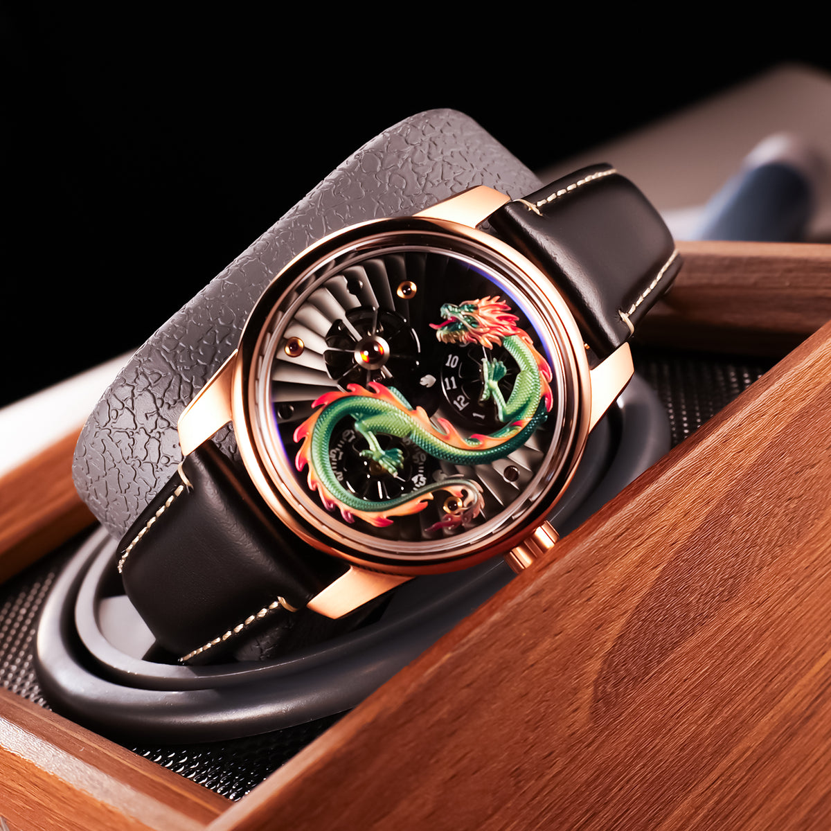 Men's Automatic Green Chinese Dragon Skeleton Watches from JM Dragon S