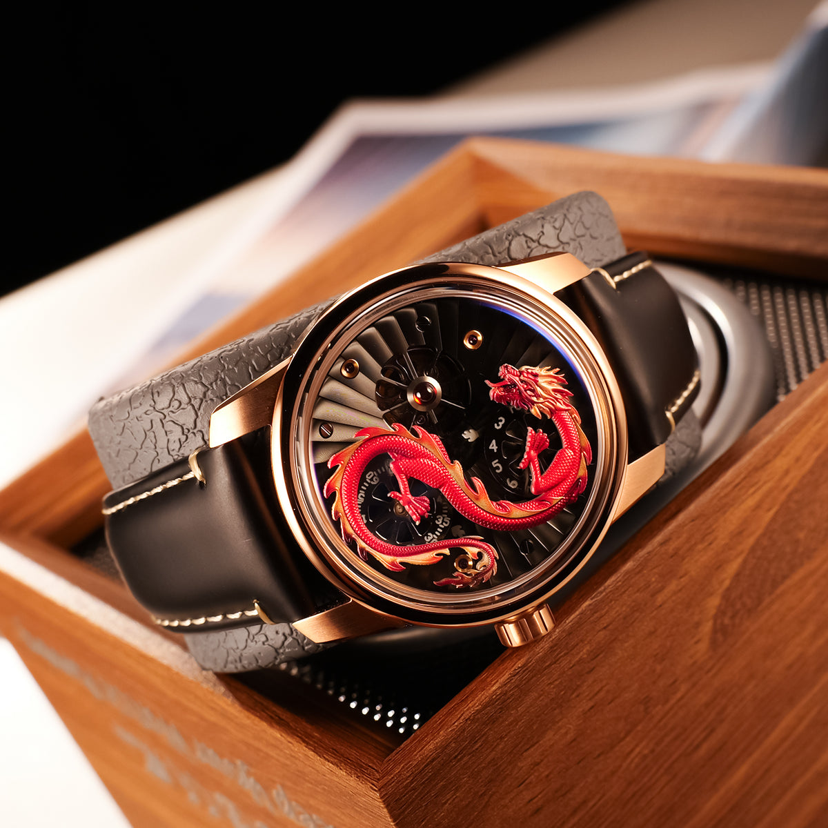 Red Chinese Dragon Automatic Skeleton Watches from OBLVLO JM Dragon Se