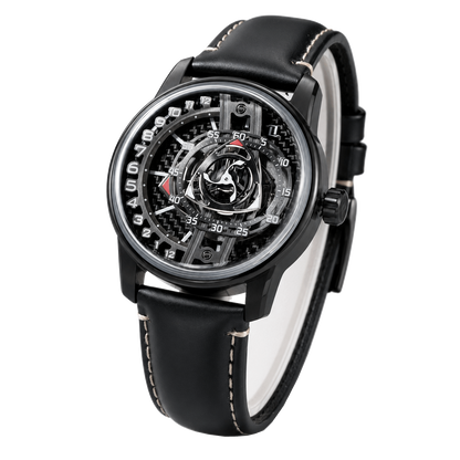 ALL Black OBLVLO JM-ROTOR Rotary-Engine Style Watch with Jump Hour Mechanical Automatic movement Watch