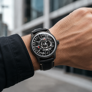 ALL Black OBLVLO JM-ROTOR Rotary-Engine Style Watch with Jump Hour Mechanical Automatic movement Watch