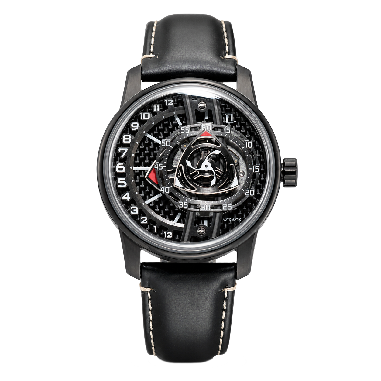 ALL Black OBLVLO JM-ROTOR Rotary-Engine Style Watch with Jump Hour Mechanical Automatic movement Watch