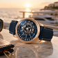 Rose Gold OBLVLO JM ROTOR 42mm Watch - Unique Skeleton Rotary Engine Blue Dial & Miyota 8215 Jump Hour Automatic Watch