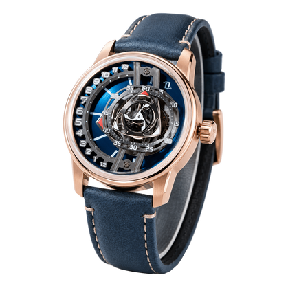 Rose Gold OBLVLO JM ROTOR 42mm Watch - Unique Skeleton Rotary Engine Blue Dial & Miyota 8215 Jump Hour Automatic Watch