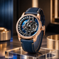 Rose Gold OBLVLO JM ROTOR 42mm Watch - Unique Skeleton Rotary Engine Blue Dial & Miyota 8215 Jump Hour Automatic Watch