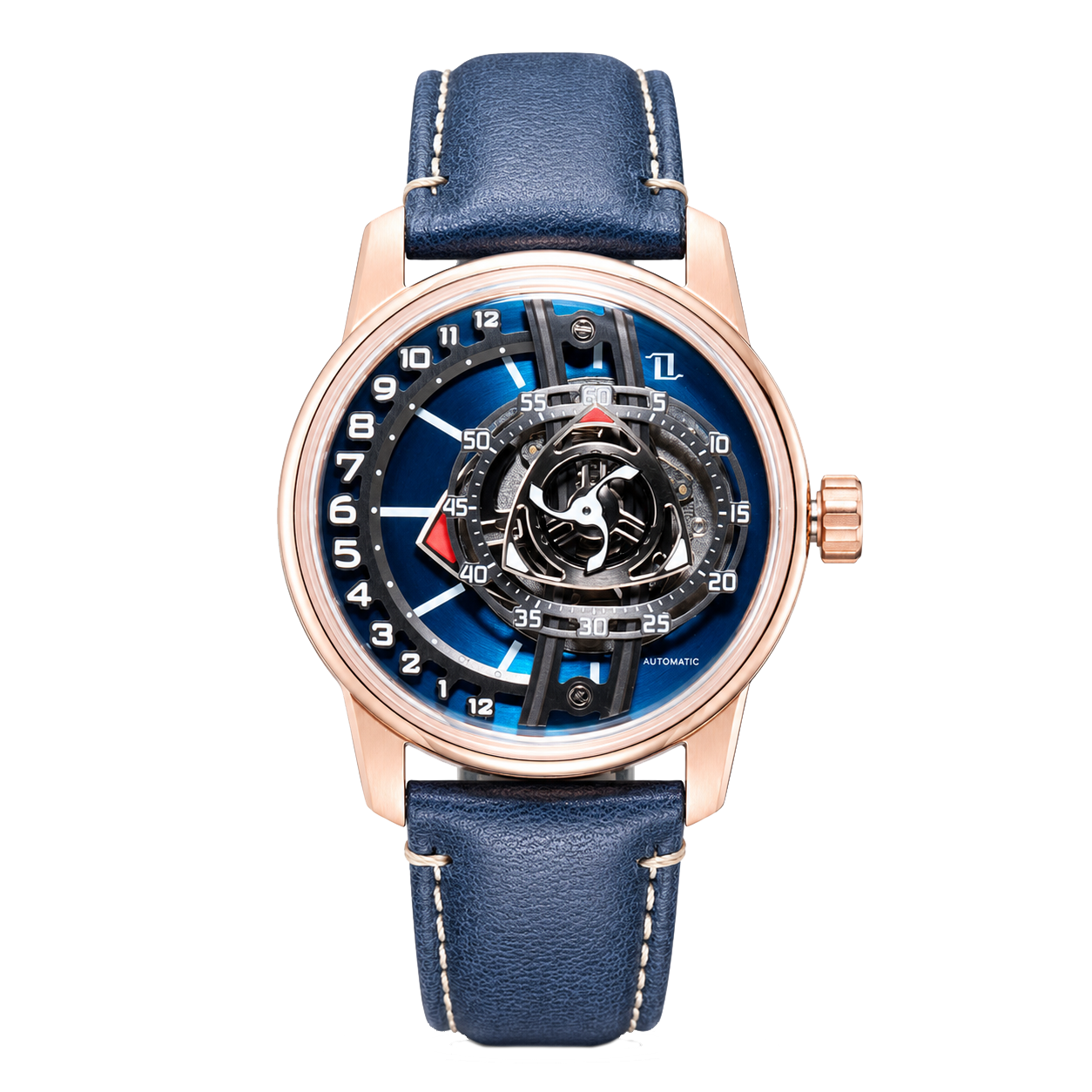 Rose Gold OBLVLO JM ROTOR 42mm Watch - Unique Skeleton Rotary Engine Blue Dial & Miyota 8215 Jump Hour Automatic Watch