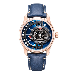 Rose Gold OBLVLO JM ROTOR 42mm Watch - Unique Skeleton Rotary Engine Blue Dial & Miyota 8215 Jump Hour Automatic Watch