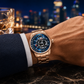 Rose Gold OBLVLO JM ROTOR 42mm Watch - Unique Skeleton Rotary Engine Blue Dial & Miyota 8215 Jump Hour Automatic Watch