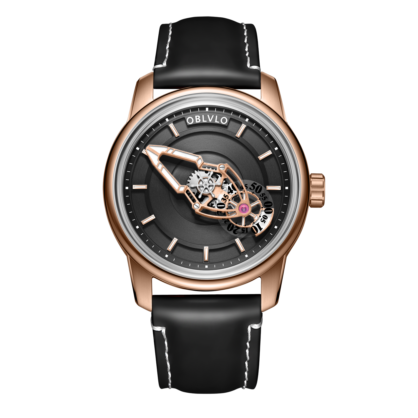 OBLVLO JM Space Automatic Dress Watch for Men - Cool Rose Gold Case and Black Spaceship Dial, 50m Waterproof