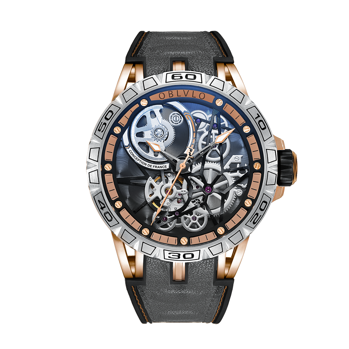 Oblvlo LM Series Rose Gold Luxury Automatic Skeleton Watch For Men