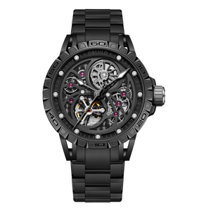 Oblvlo LMS-S BRB Series Luxury Black PVD Automatic Skeleton Watches For Men