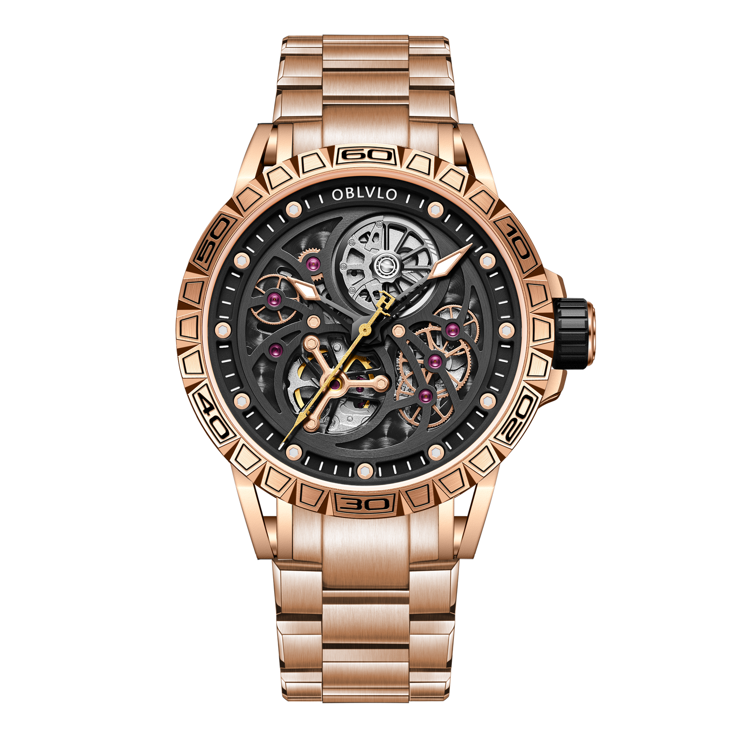 Oblvlo LMS-S Series Luxury Automatic Skeleton Rose Gold Watches For Men