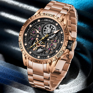 Oblvlo LMS-S Series Luxury Automatic Skeleton Rose Gold Watches For Men