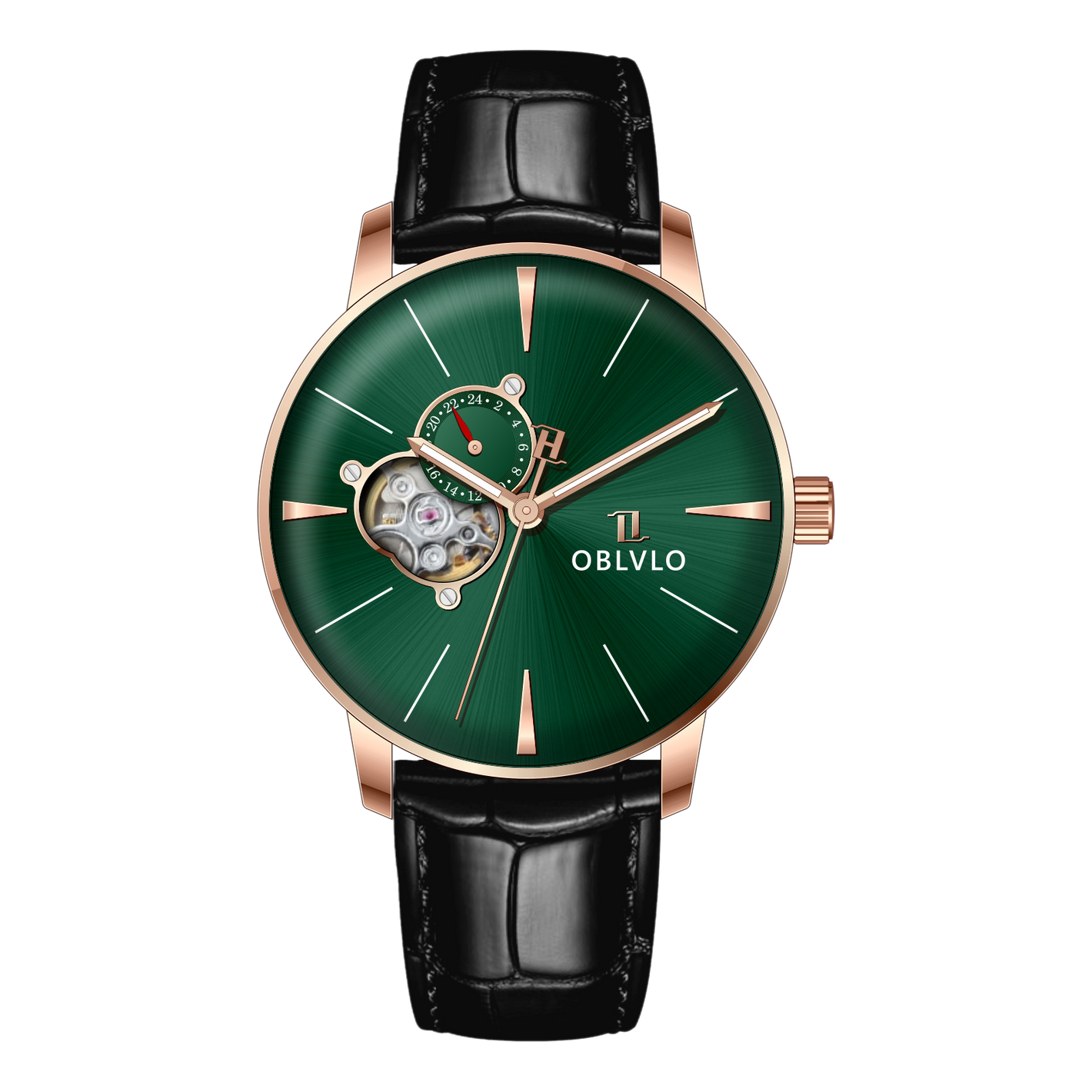 40mm Rose Gold Mens Automatic Watch With Green Partial Skeleton Dial & Black Leather Band By OBLVLO NW Series