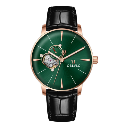 40mm Rose Gold Mens Automatic Watch With Green Partial Skeleton Dial & Black Leather Band By OBLVLO NW Series