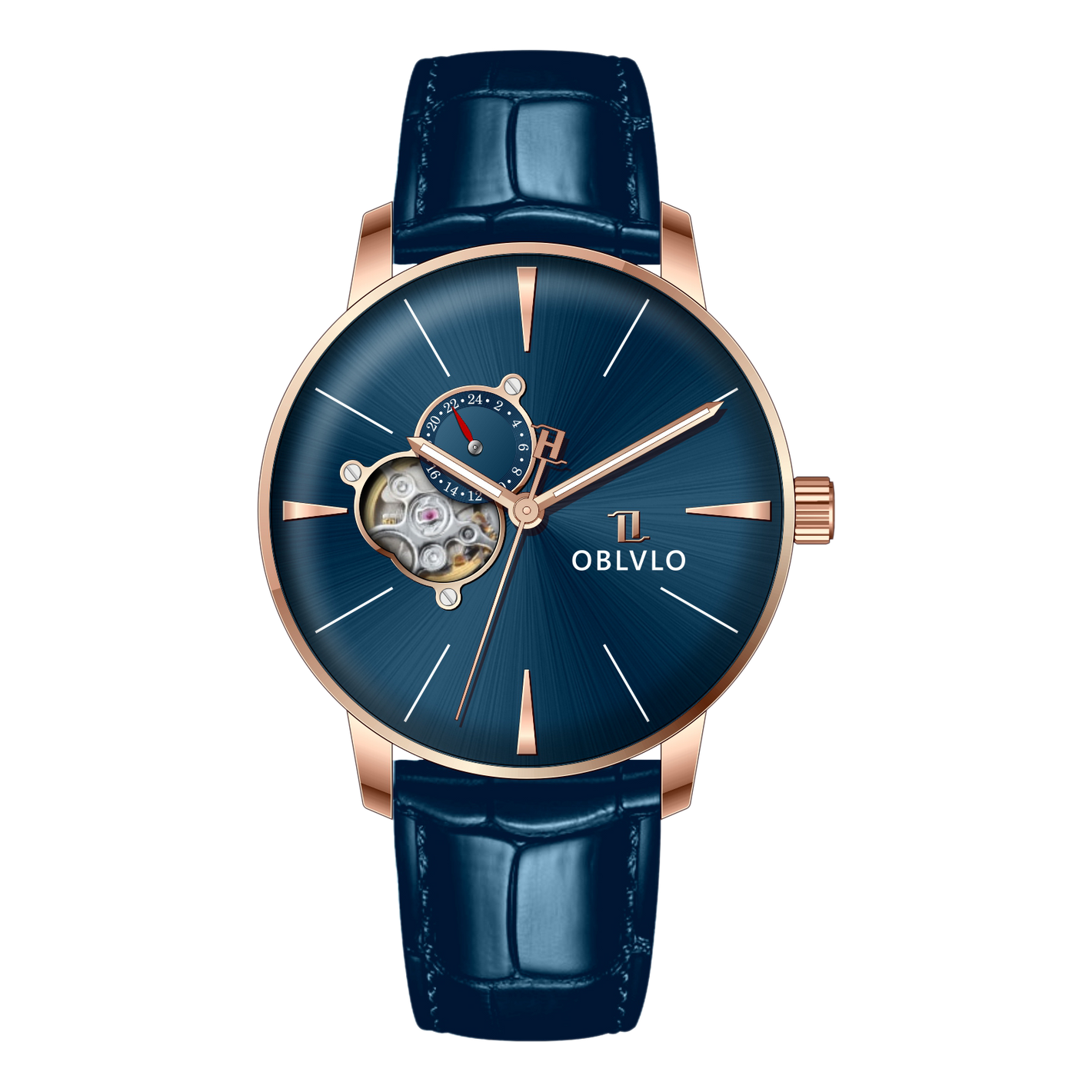 OBLVLO NW Series 40mm Rose Gold Case & Blue Partial Skeleton Dial Automatic Watch For Men's