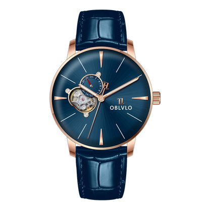 OBLVLO NW Series 40mm Rose Gold Case & Blue Partial Skeleton Dial Automatic Watch For Men's