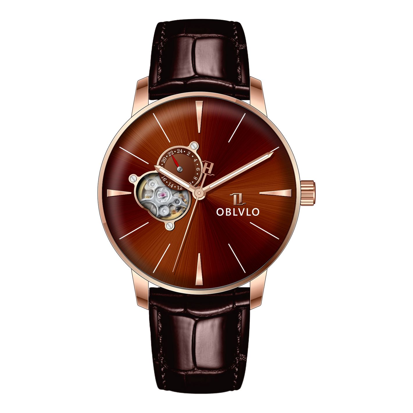 OBLVLO NW Series: Sienna Color Partial Skeleton Dial & 40mm Rose Gold Case Automatic Skeleton Brown Leather Strap Mens Watch