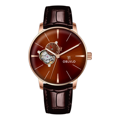 OBLVLO NW Series: Sienna Color Partial Skeleton Dial & 40mm Rose Gold Case Automatic Skeleton Brown Leather Strap Mens Watch